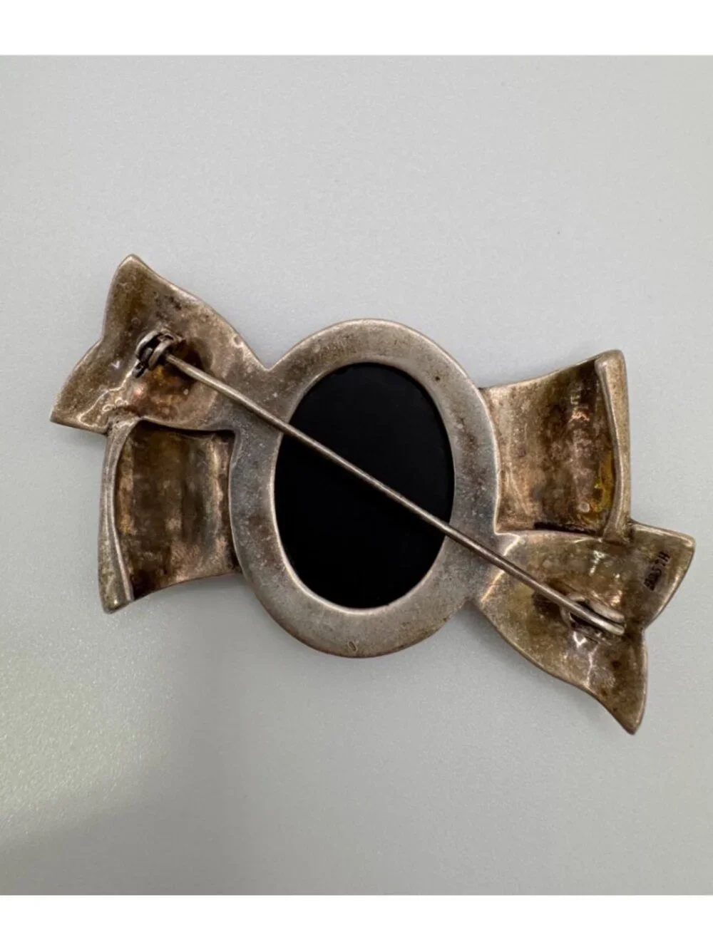 925 TH Sterling Silver Turquoise Abalone MOP Onyx Inlay Marcasite Bow Brooch - Picture 8 of 12